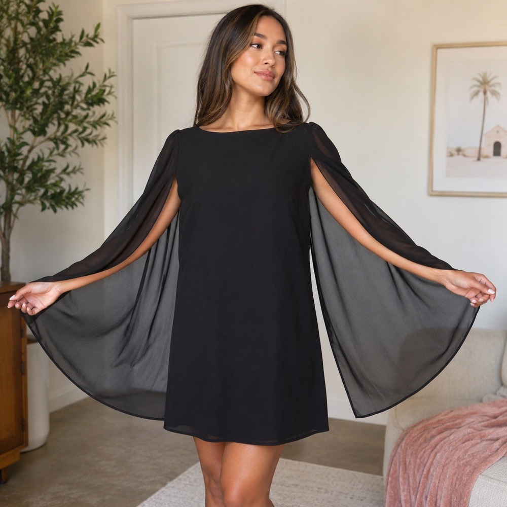Emma & Michele Black Cape Sleeve Shift Dress Size 8 Cocktail Evening Mini